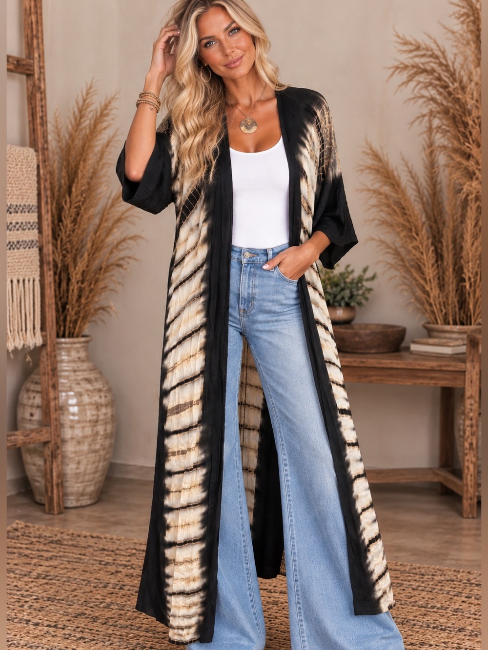 River + Sky Black & Cream Tie-Dye Long Open Kimono